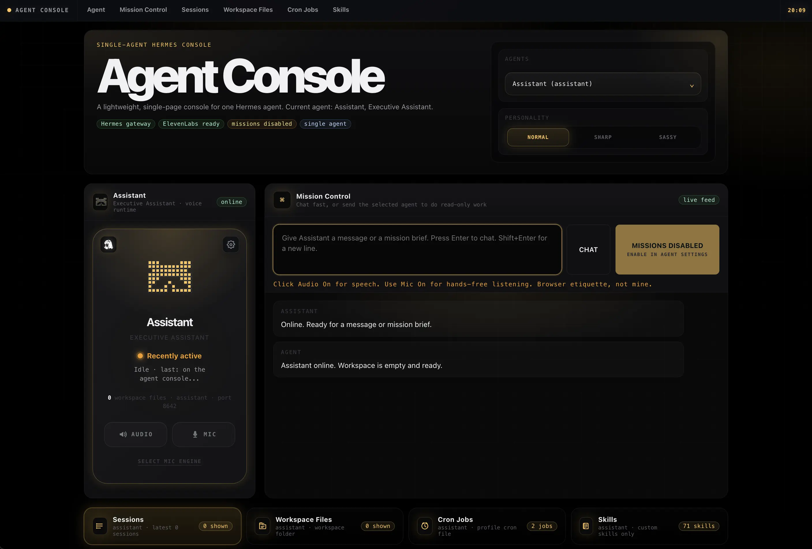Agent Console themed for an assistant agent, in amber