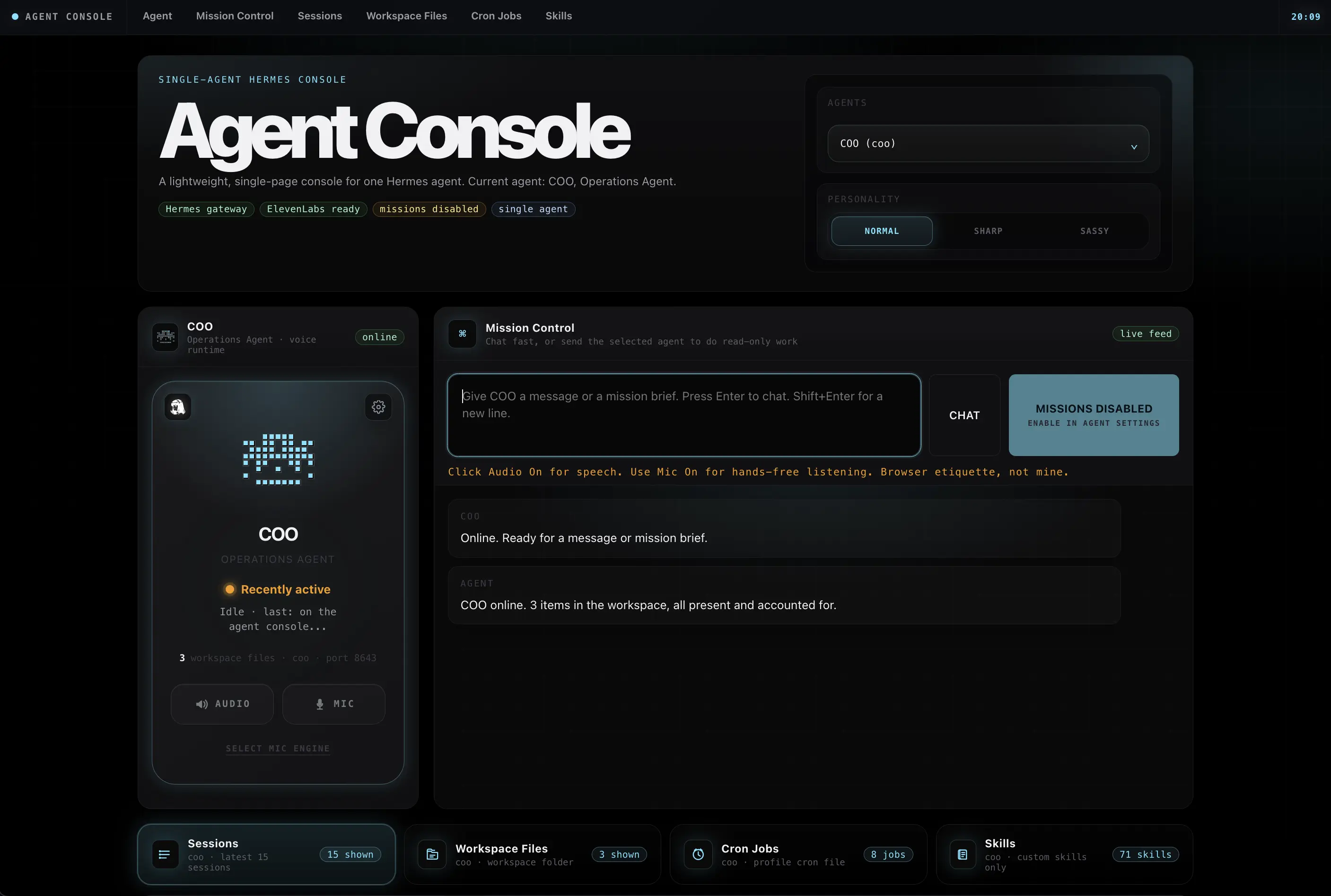 Agent Console themed for an operations agent, in cyan