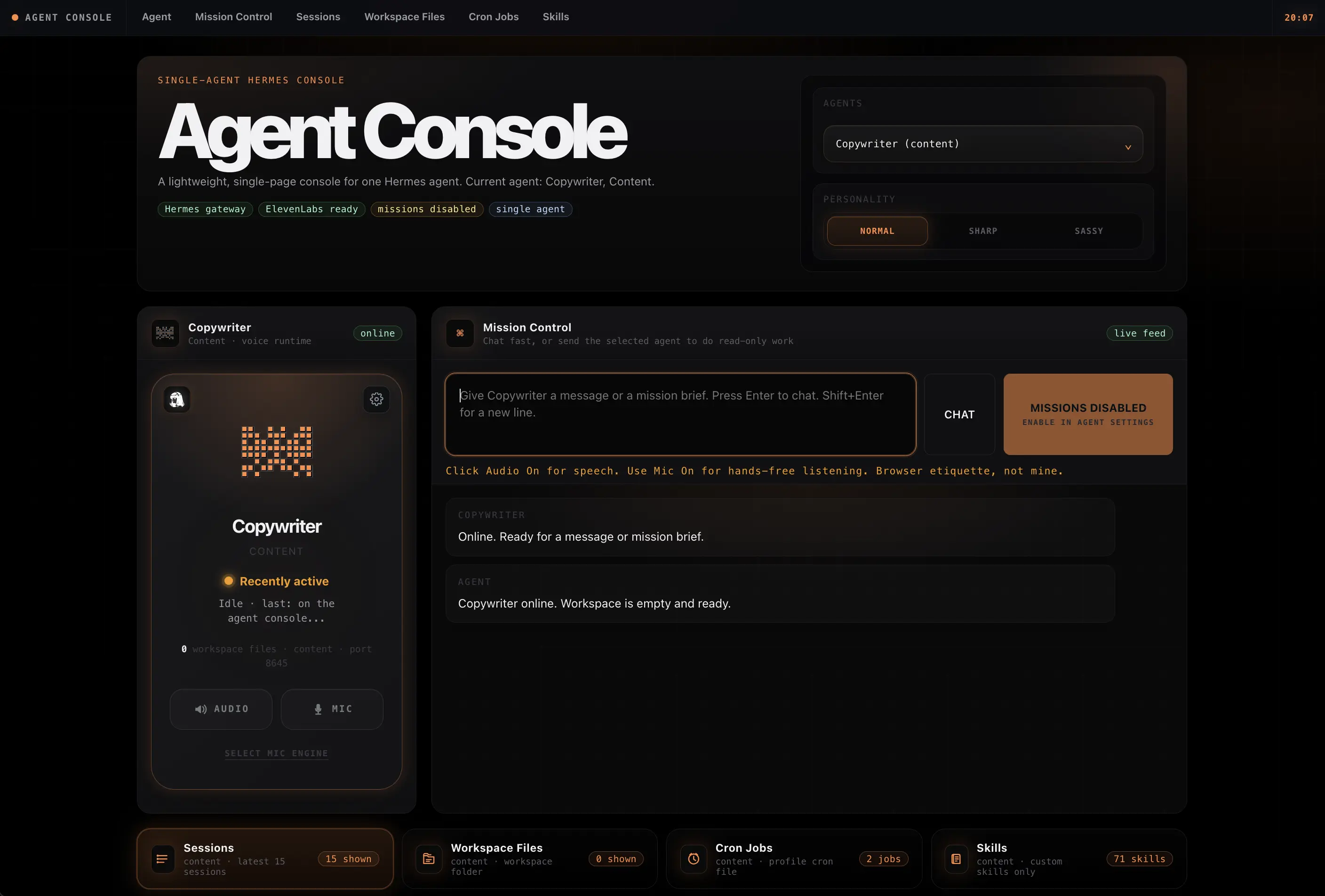 Agent Console themed for a content agent, in orange