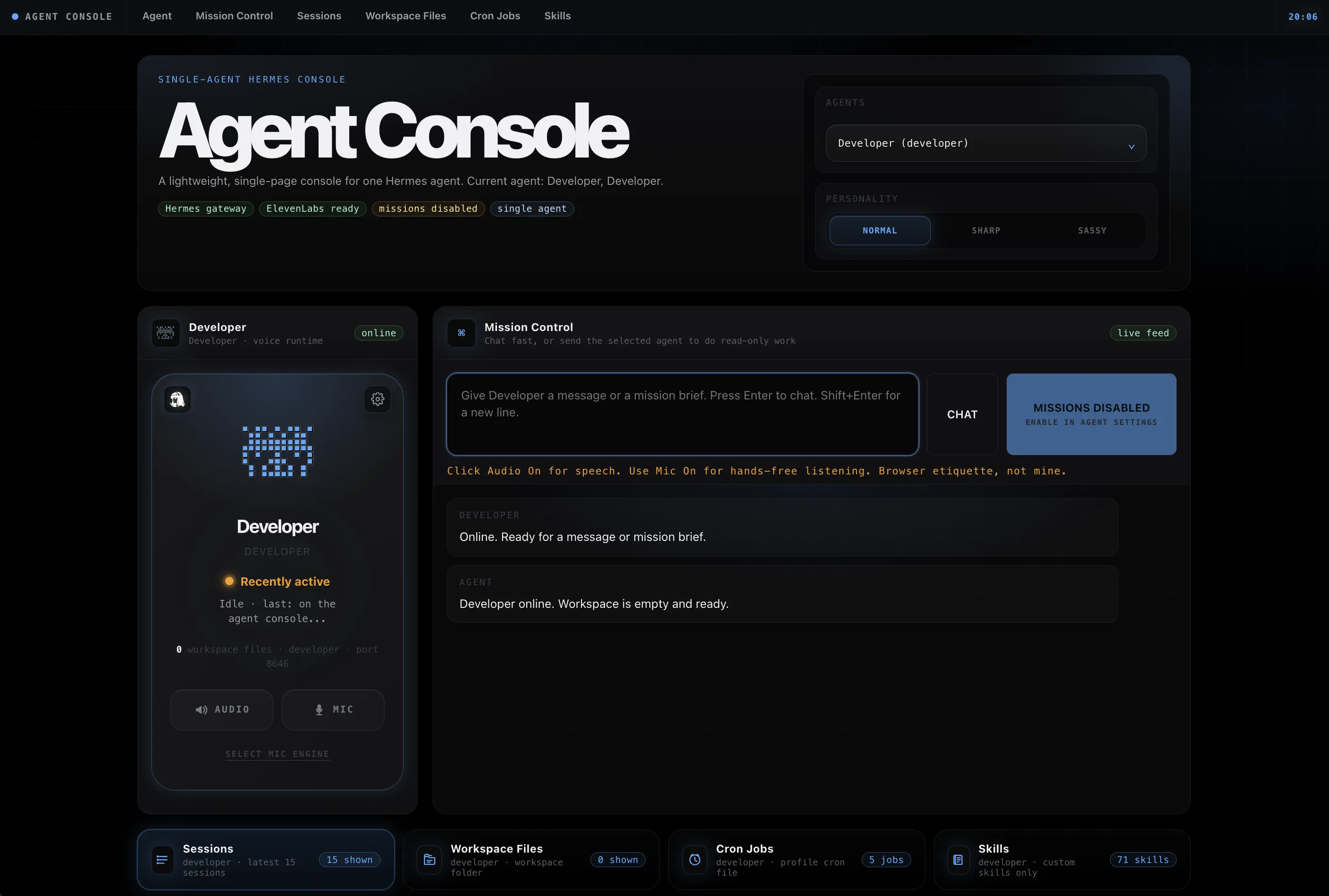 Agent Console themed for a developer agent, in blue