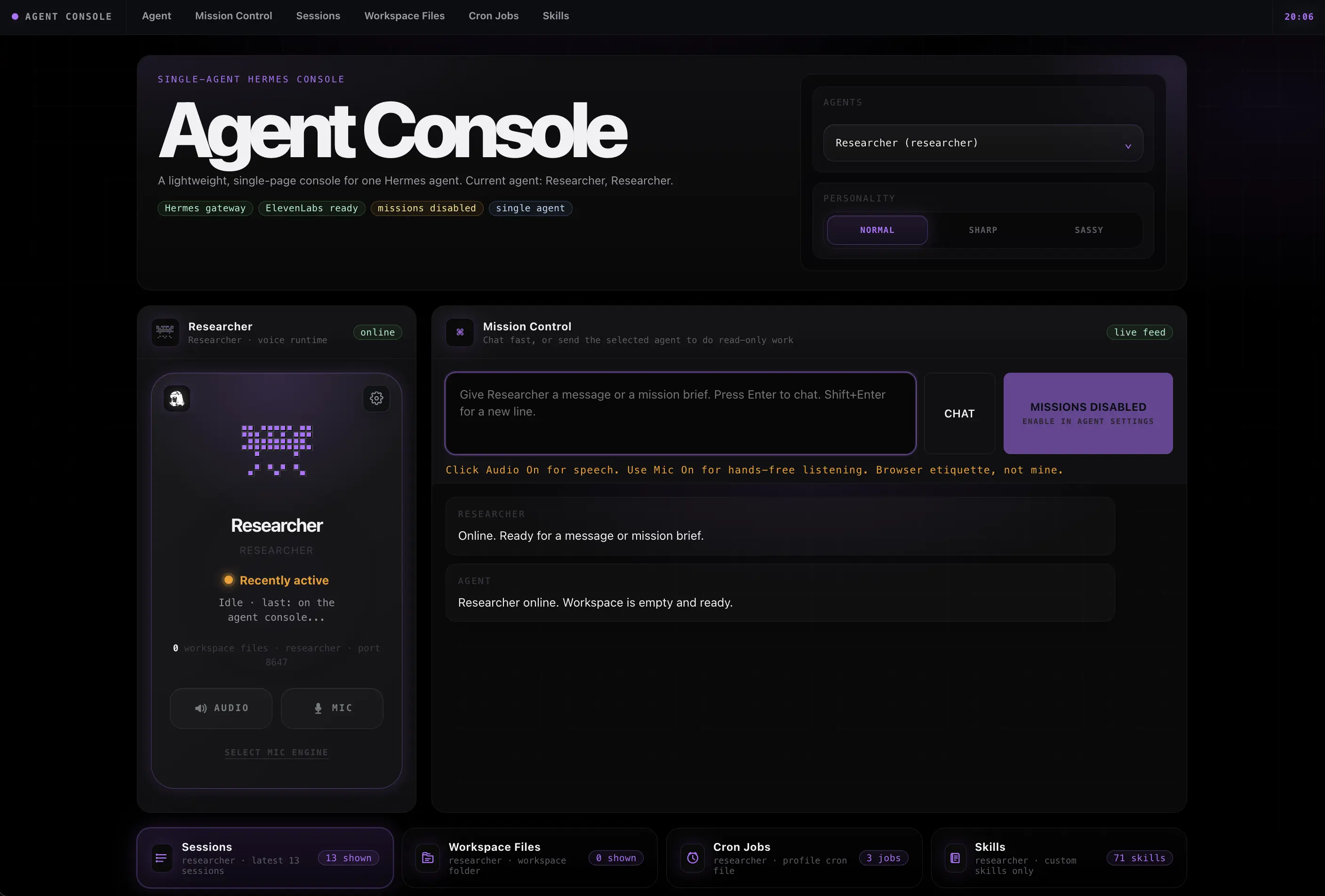 Agent Console themed for a researcher agent, in violet
