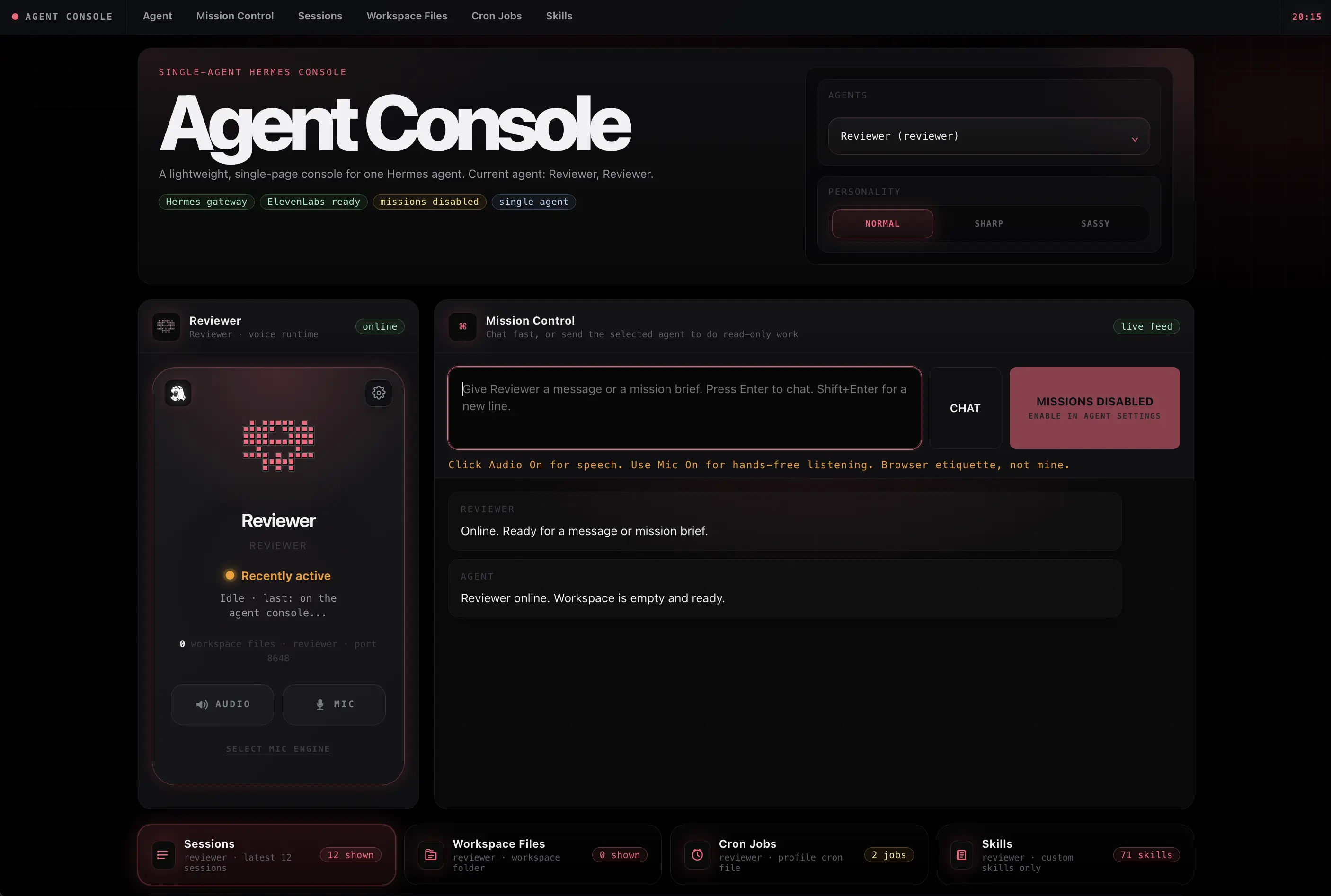 Agent Console themed for a reviewer agent, in rose