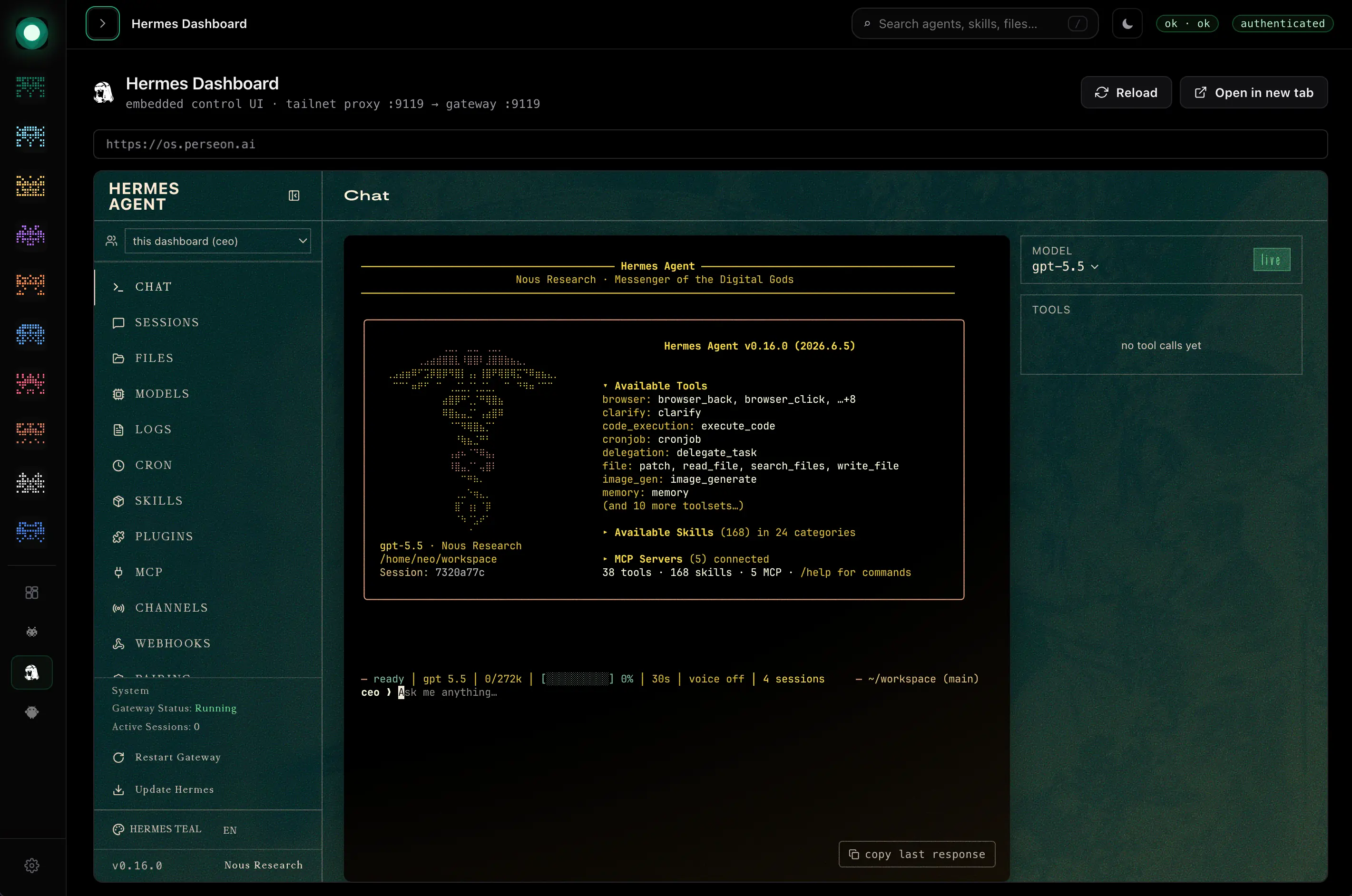 Perseon Console runtime view: Hermes sessions and message history, connected platform status for Telegram, ntfy and the API server, and a recent session list