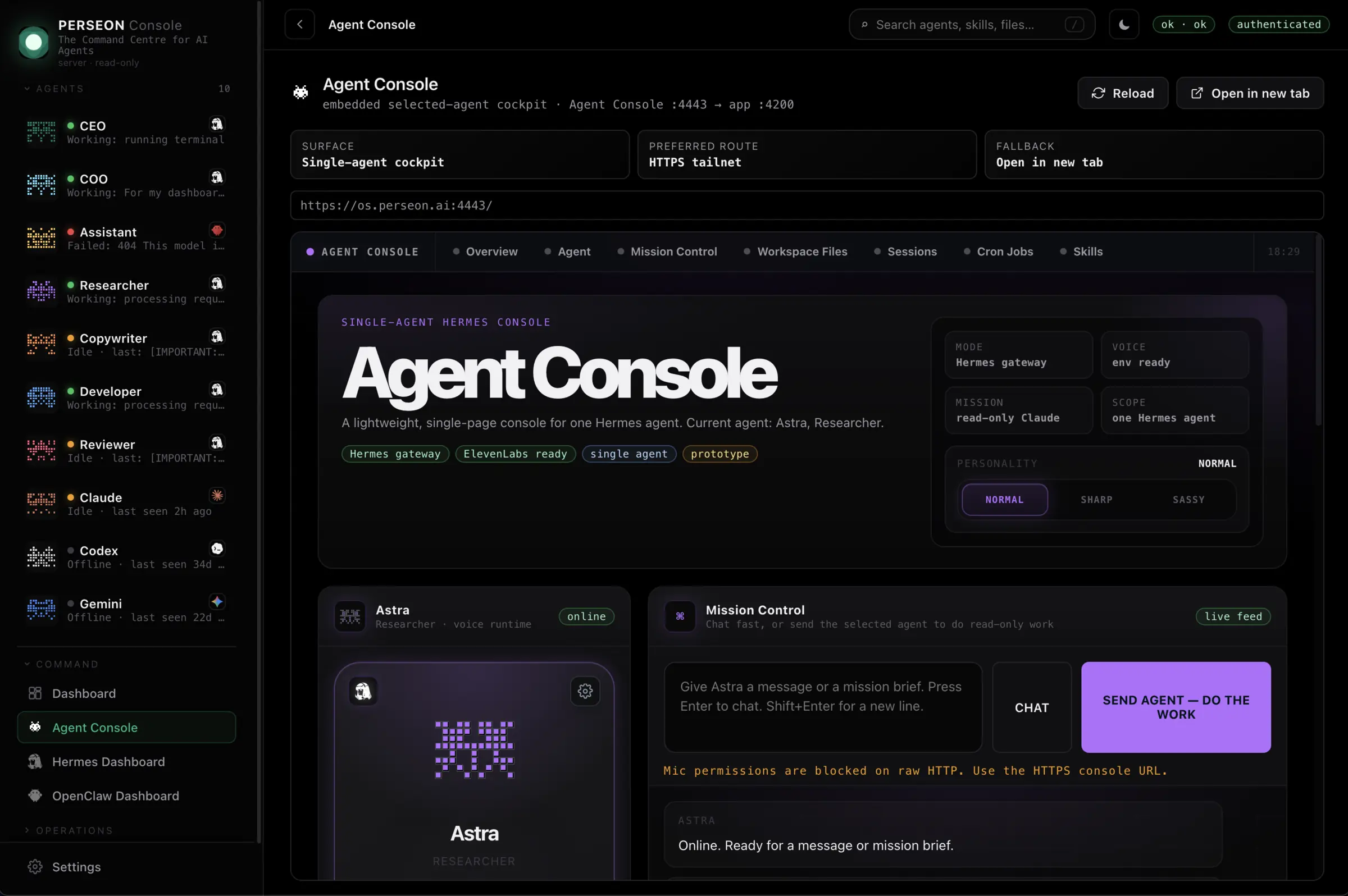 The free Agent Console running embedded inside Perseon Console, showing the upgrade path from one surface to the full stack